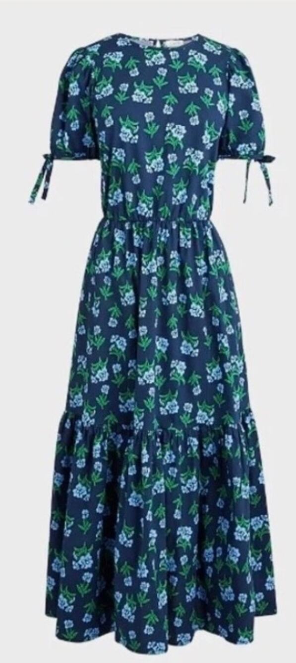 New! J. Crew Factory Block-Print Puff-Sleeve Midi Tiered Dress Sz 6 #63